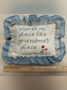 ‘There's No Place Like Grandma's Place' Blue Cross-Stitch Pillow, 10” end to end